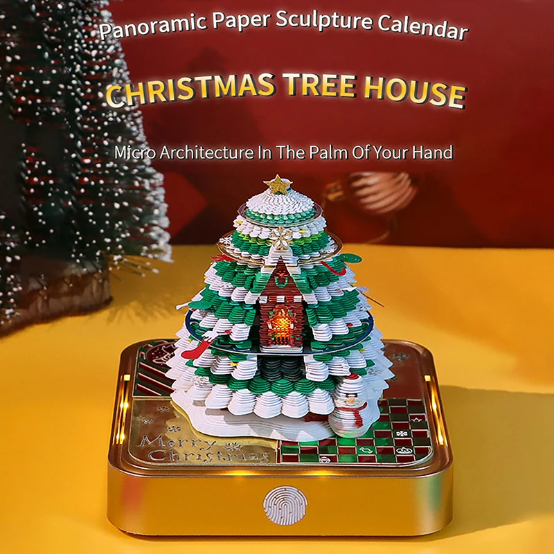 Calendario de escritorio de árbol de Navidad con luces LED 2025, Bloc de notas creativo, Bloc de notas DIY, calendario de arte 3D