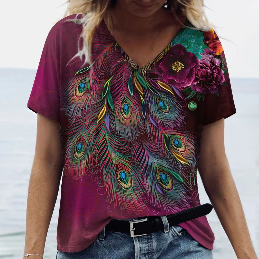 

2025 New Summer Women's V-neck T-shirt 3D Printed Peacock Feathers Fashionable Short Sleeve Clothing Basic Tops Pullover tees