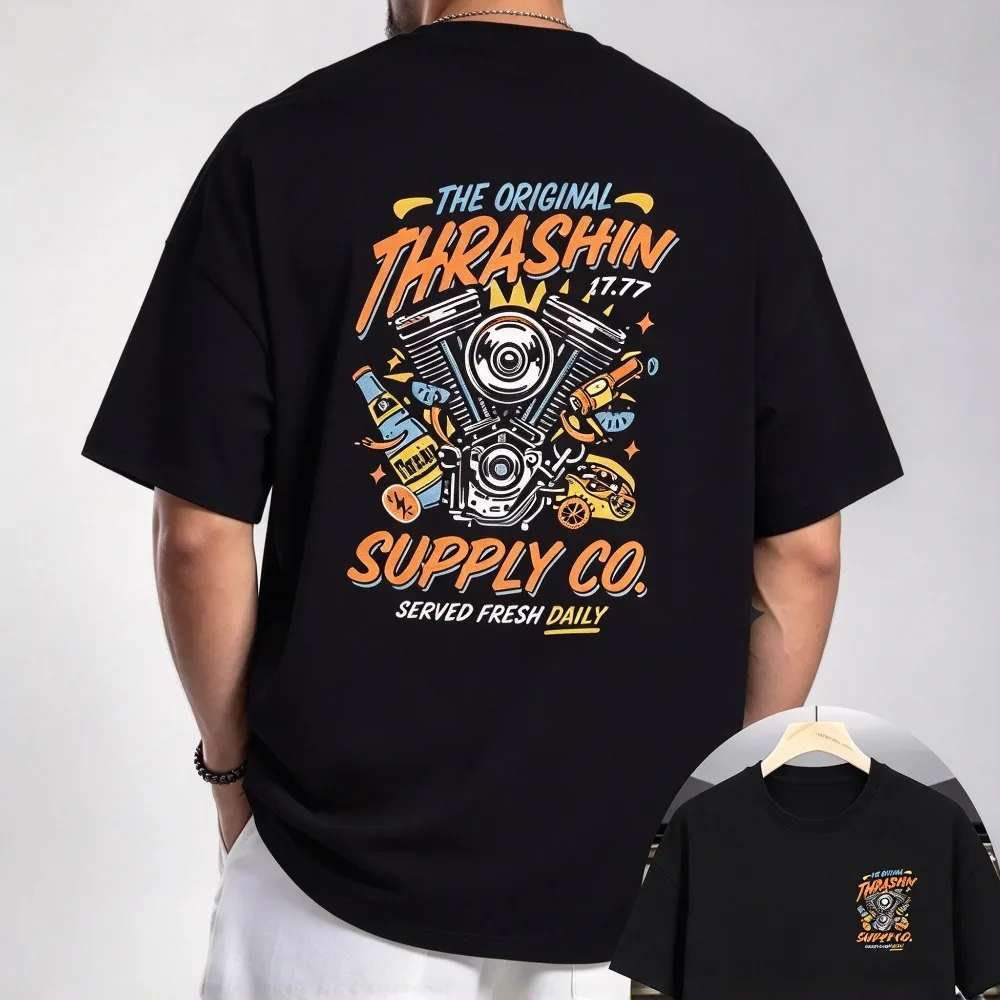 2026 New Thrashin Supply Fiesta Graphic Men TShirt, Motorcycle Style Double-Sided Print, Summer Trendy Casual Short Sleeve Tee