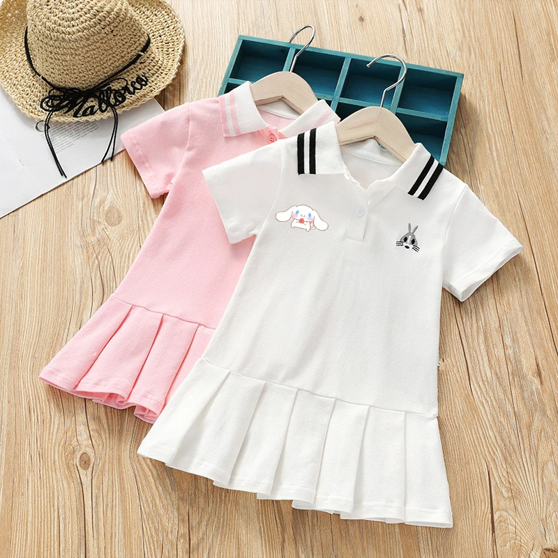 

Sanrio Hello Kitty Cinnamoroll Children's Dresses Summer Baby Girls Cotton Short-Sleeved Polo Dress Shirt Cartoon Princess Skirt