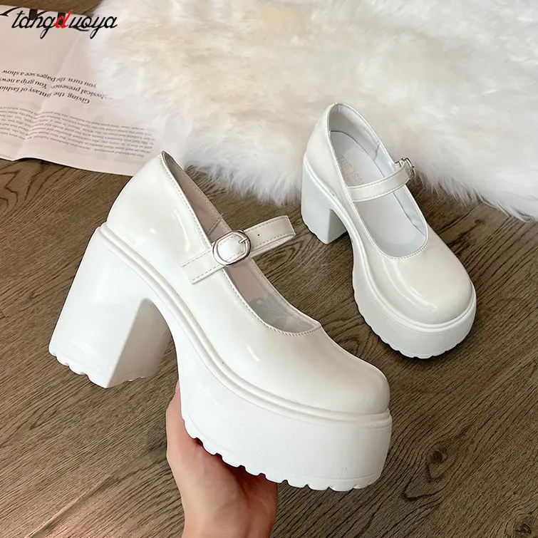 white platform heels Gothic Punk Shoes Platforms Mary Jane Shoes Fashion Ladies Uniform Thick Heel Shoes College Lolita Pumps