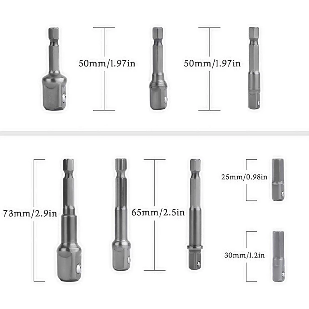 Drill Socket Adapter 1/4\'\' Hex Shank Extension for Impact Driver 1/2\'\' 3/8\'\' 1/2\'\' Square Head Drill Bit Adapter Set Hand Tools