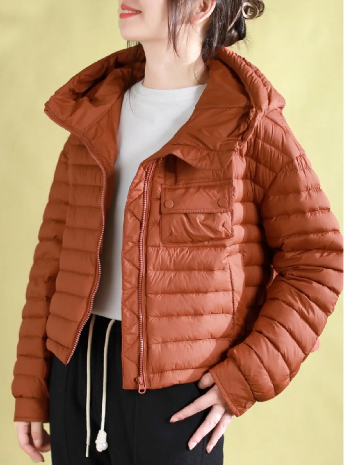 Chaqueta Corta ra de Plumón para Mujer, Estilo Coreano, Abrigo Cálido de Aodón, Deado, con Capucha y Cierre de Cremal...