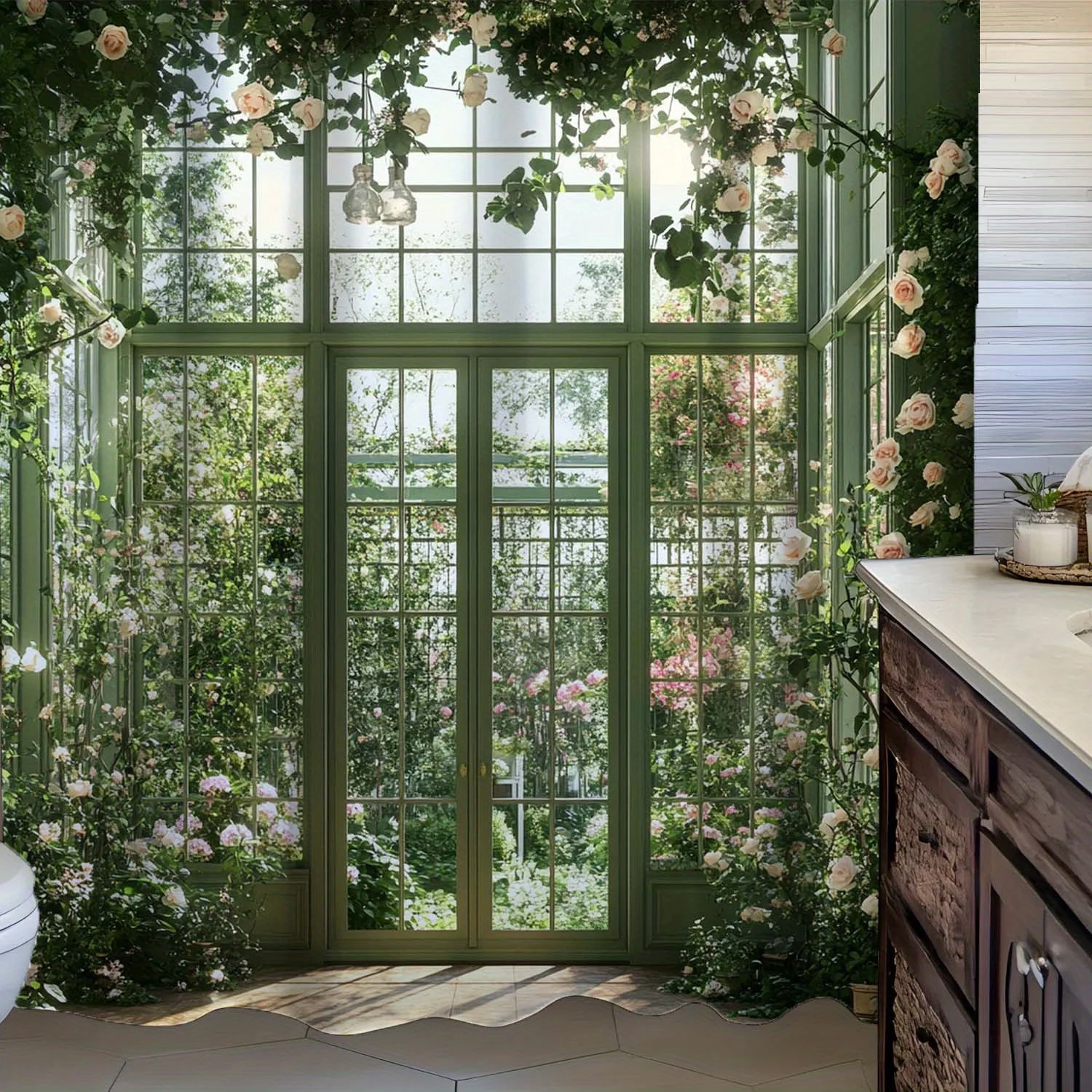 

1 шт., винтажная водонепроницаемая занавеска для душа с принтом садового стекла и 12 крючками, полиэфирная ткань, можно стирать в машине, водонепроницаемая