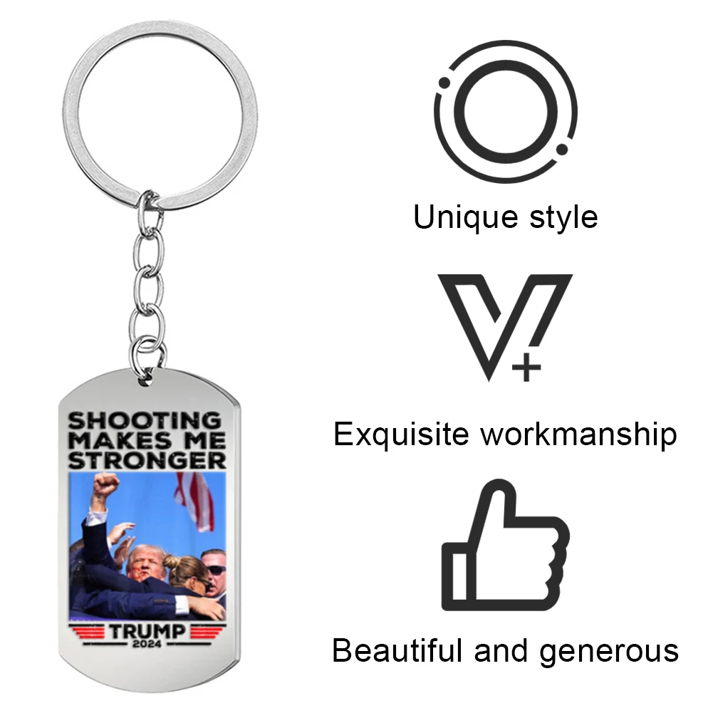 Trump 2024 Flag Keychain Shooting Makes Me Stronger Key Ring Key Holder for Men Women Gifts for Supporters Fans