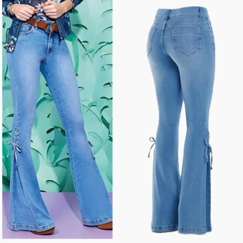 Moda Wysoka talia Rozkloszowane dżinsy Kobiety Bow Boot Cut Casual Lady Lace Up Trousers Cowgirl Vintage Blue Bell Bottom Denim Pants Y2k