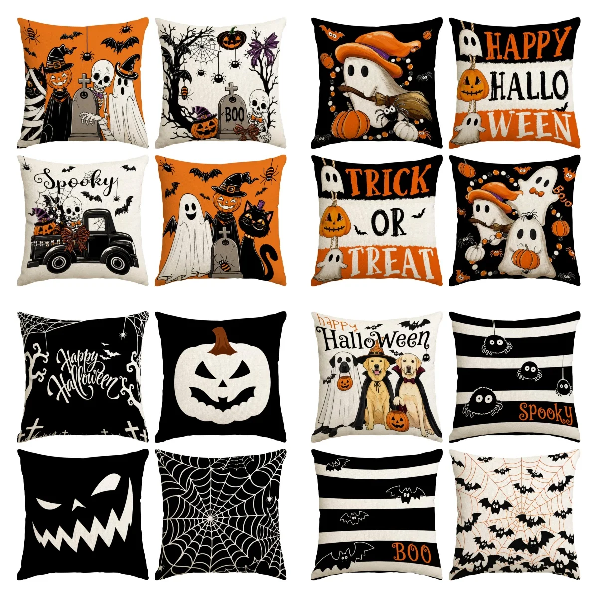 4pcs Retro Halloween Pumpkin, Bat, Spider Printed Cushion Cover, Used for Decorating Sofa Cushion Cover (Without Pillow Core)