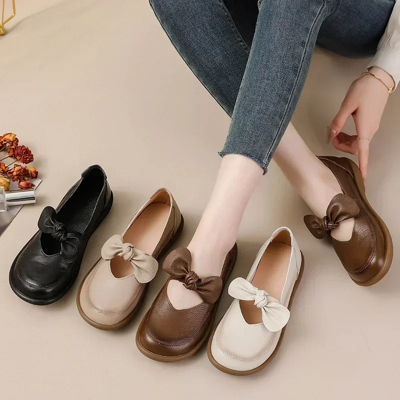 Koznoy 2.5 cm Hakiki Deri Rahat Lüks Sığ Daireler Kadın Elegance Oxfords üzerinde Kayma Yaz Bayanlar Yumuşak Tabanlı Makosen Ayakkabı