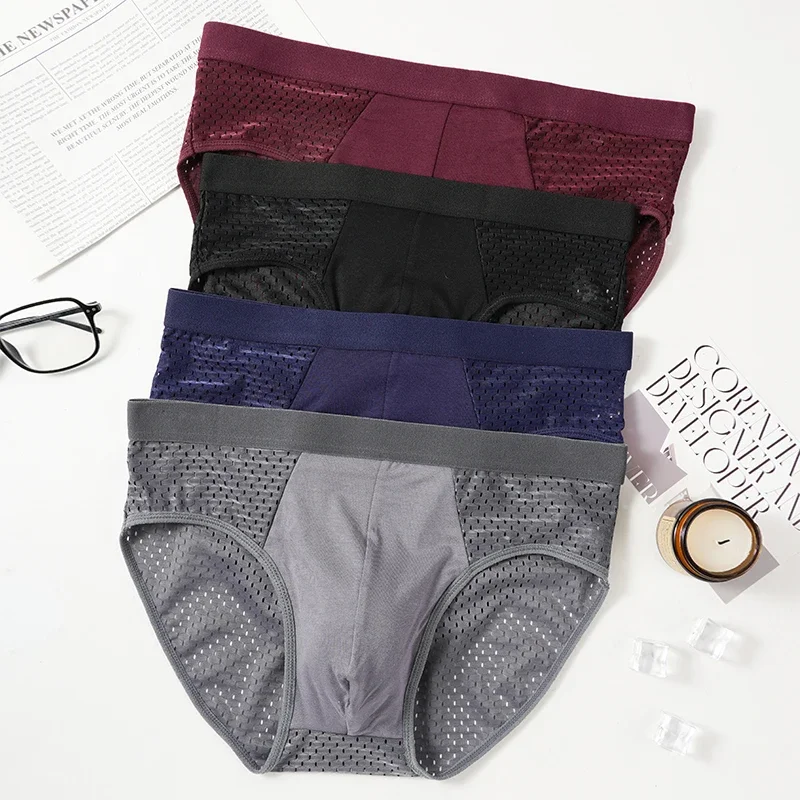 

Men's Breifs Panties Boxers Men Solid Color Underwear Male Hombre Breathable Mesh Ice Silk Men's Intimate Underpants 4XL