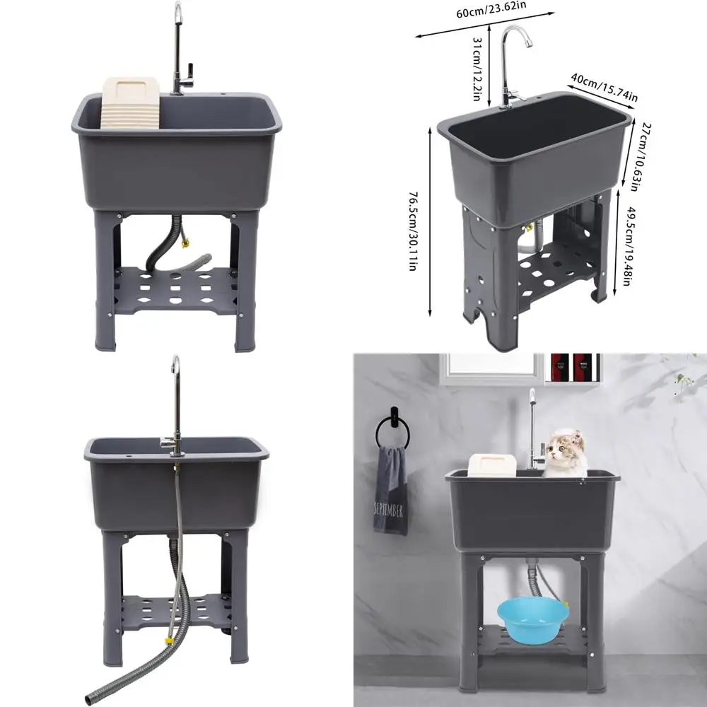 

Plastic Freestanding Laundry Sink with Washboard and Storage, 360° Rotatable Utility Sink for Indoor and Outdoor Use