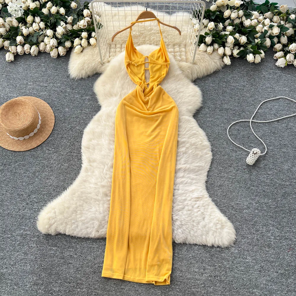 Chic vintage senza maniche diviso senza schienale solido sottile Elegante fata moda coreana Boho Vestito estivo abbigliamento donna Abito lungo