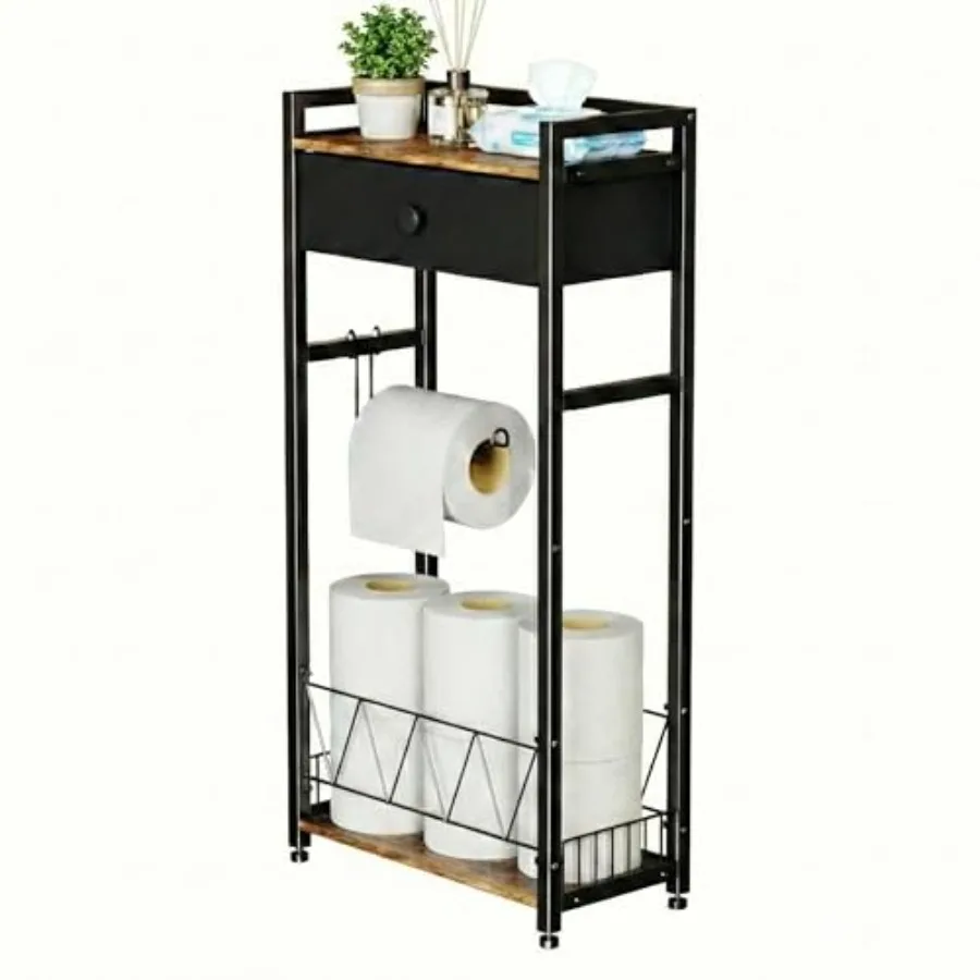 

Freestanding Toilet Paper Holder Stand with Storage Drawer Narrow Bathroom Shelf Spare Roll Basket 4-Way Install Paper Arm Spac