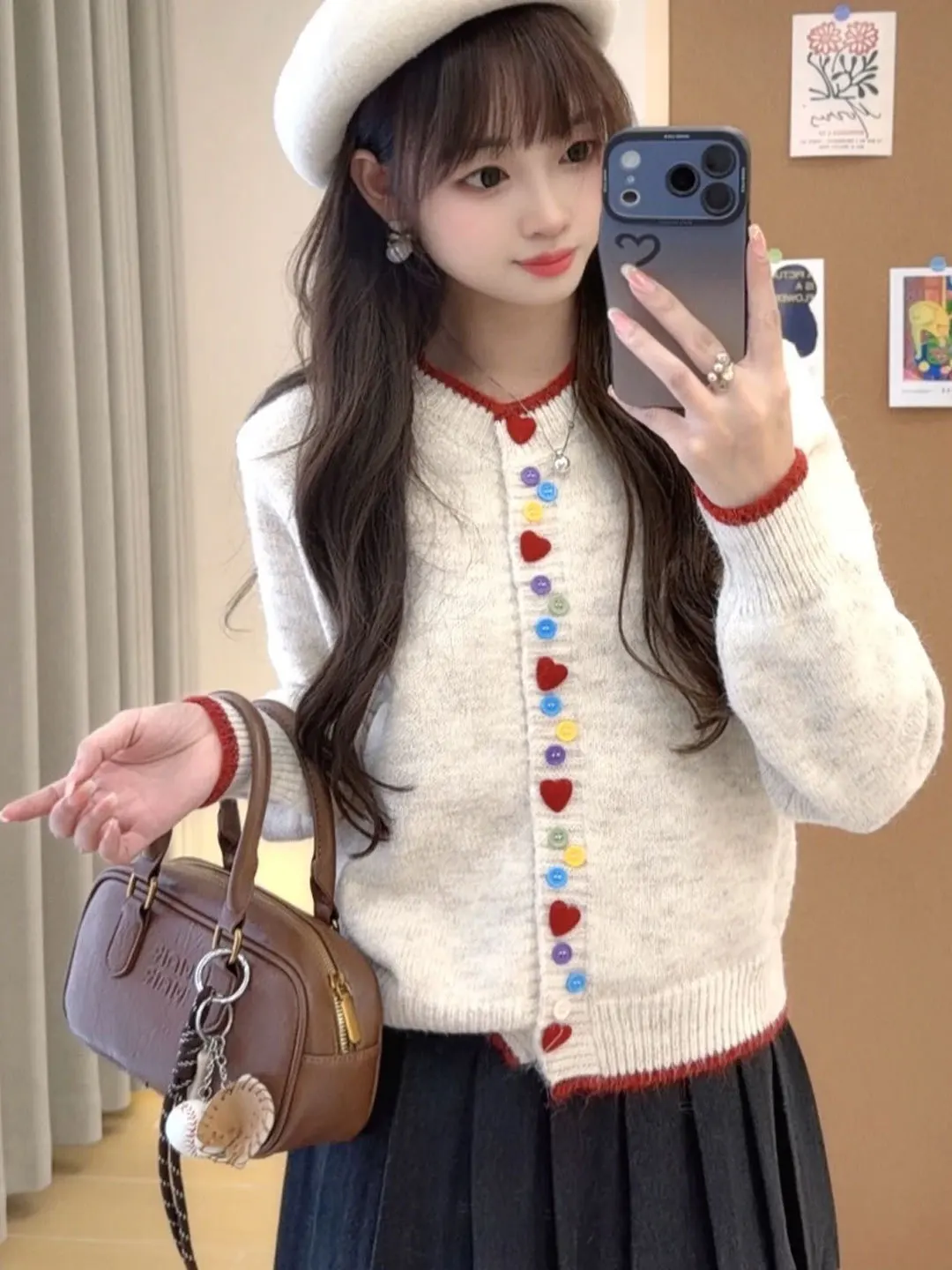 

Loose Women's Knitted Sweater Cardigan with Heart-Shaped Buttons Color Block Korean Style Casual Fashion Autumn Winter Top