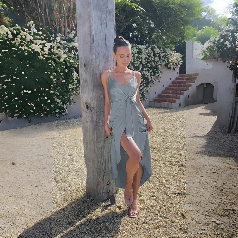 

Sexy Solid Color Backless Straps Ruffled Slit Sleeveless Dress 2025 Summer Fashion Pleated Suspender Dress For Women