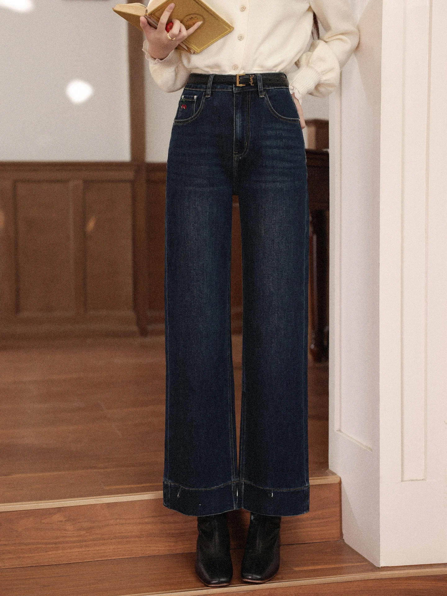 

Темно-синие повседневные джинсовые брюки с высокой талией для женщин, осенние прямые длинные брюки в гонконгском стиле