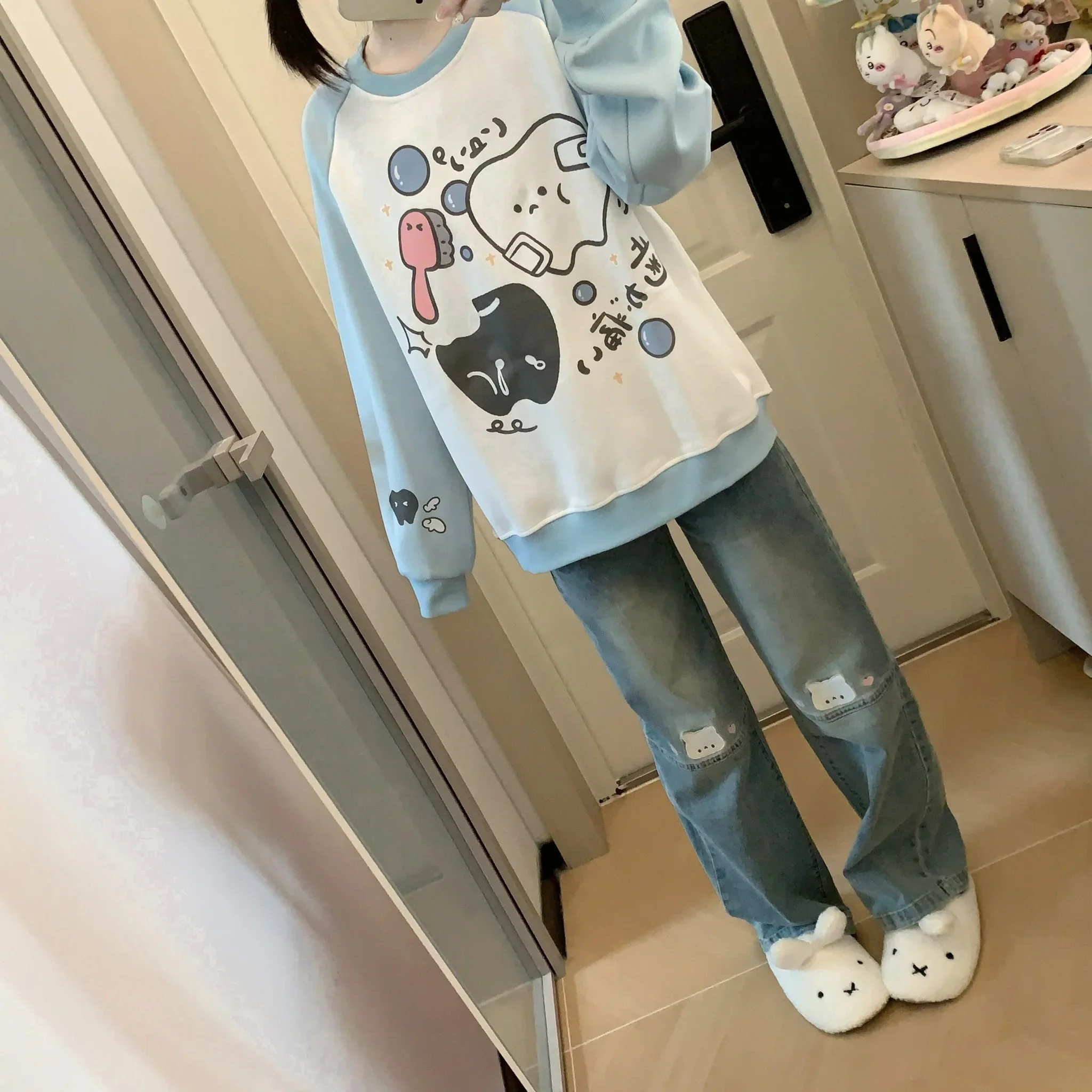 Japan Style Kawaii Loose All-match Pullover Top O-neck Long Sleeve Color Matching Sweatshirts Autumn Winter Casual Fashion Hoody