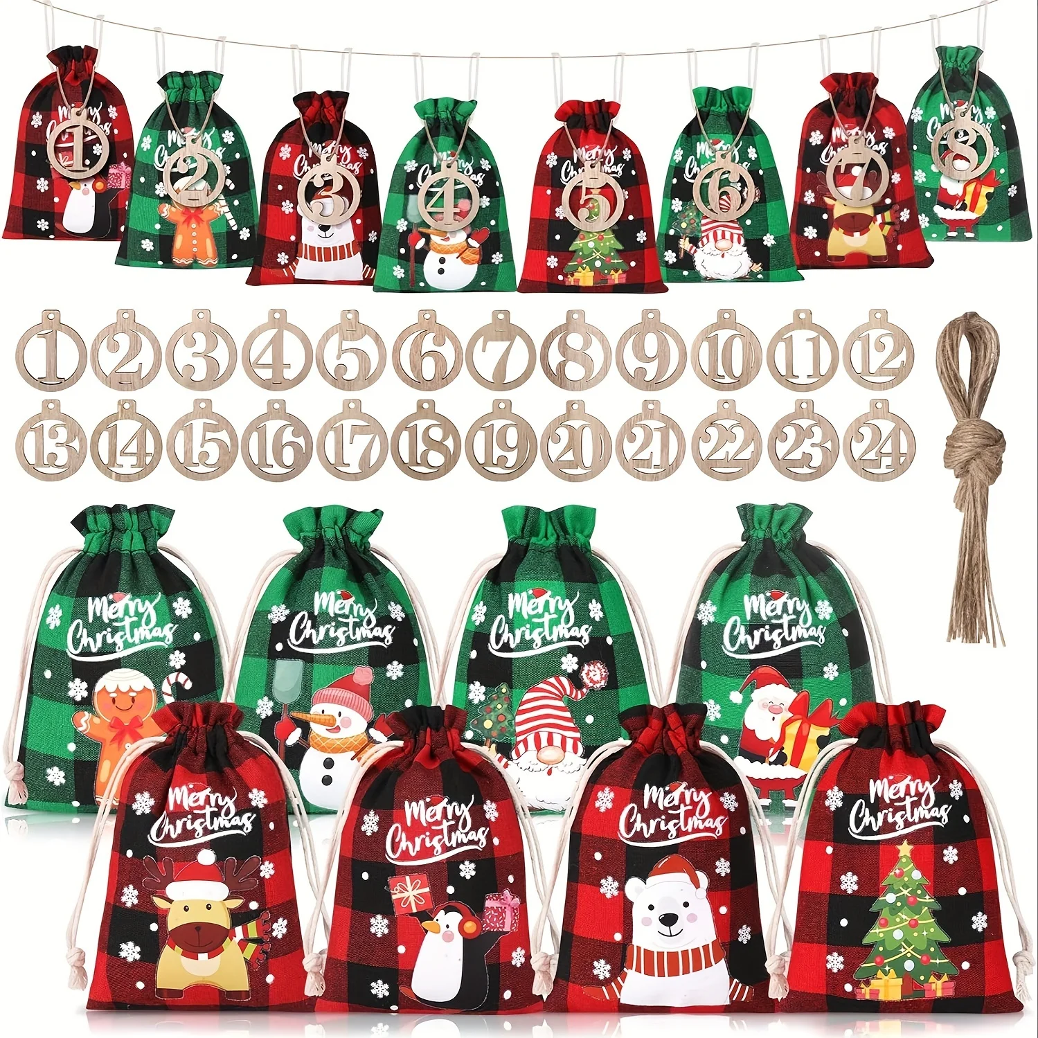 

24pcs Christmas Advent Calendar Set with Wooden Numbers Plaid Drawstring Gift Bags for Holiday Linen Candy Pouches Party Favors