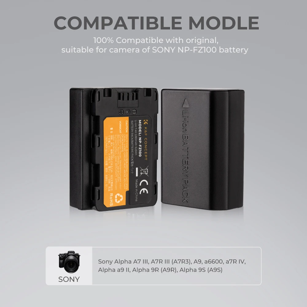 K&F Concept NP-FZ100 2팩 2280mAh 배터리 듀얼 슬롯 충전기 세트 (소니 알파 A7 III A7R III A7R3 A9 a6600 a7R …