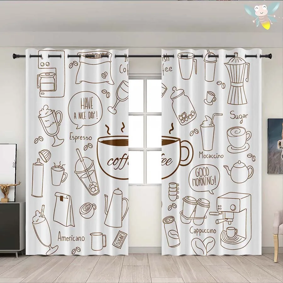 Coffee Doodle Light Filtering Curtains - Grommet Window Drapes for Kitchen & Coffee Bar & Bedroom & Living Room Decor