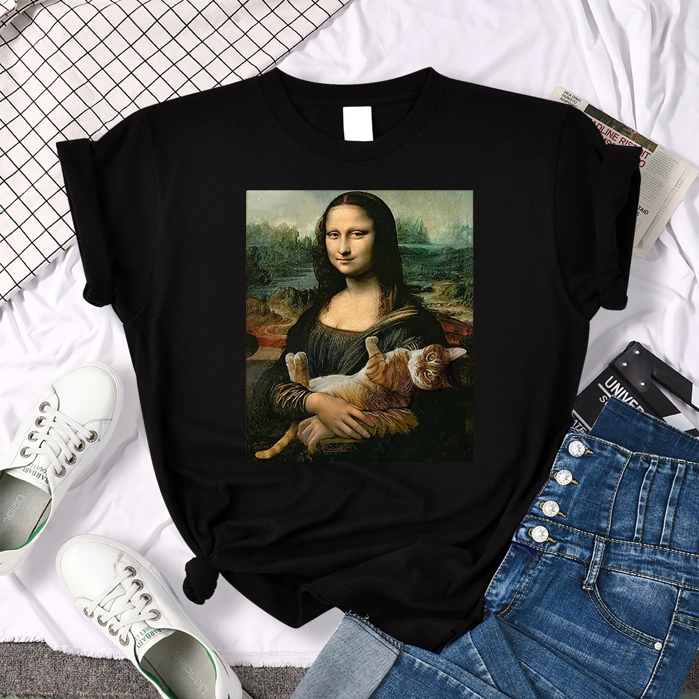 Womens T Shirts Mona Lisa Hugging Cat Printed T-Shirts For Woman Casual Korean Style Woman Tshirt Vintage O-Neck Tops Tees Shirt