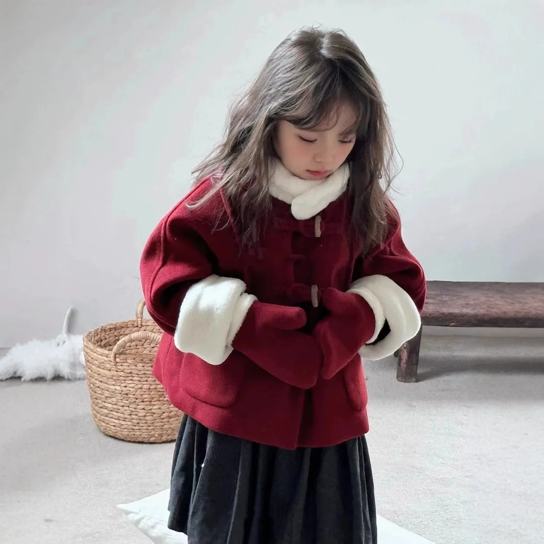 Christmas New Year Girls Cotton Coat Thick Cow Horn Buckle Cashmere Woolen Coat Top 2025 Winter Clothing New