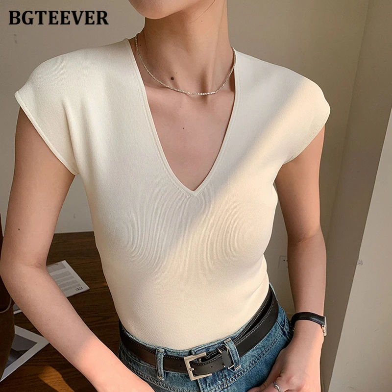 BGTEEVER Stylish V-neck Slim Women Knitted T-shirts Short Sleeve Basic Solid Tees Summer Fashion Female Pullovers Tops