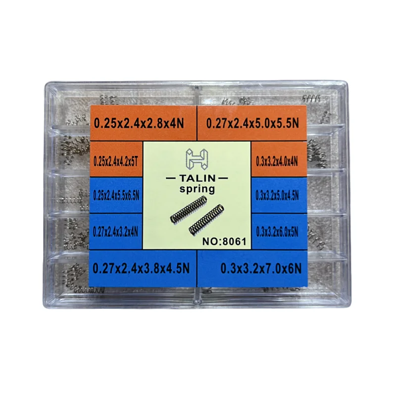 Accesorios de reparación de relojes, hebillas de reloj, resortes, resortes de botón, varias especificaciones, herramientas de reparación de piezas de resorte en caja