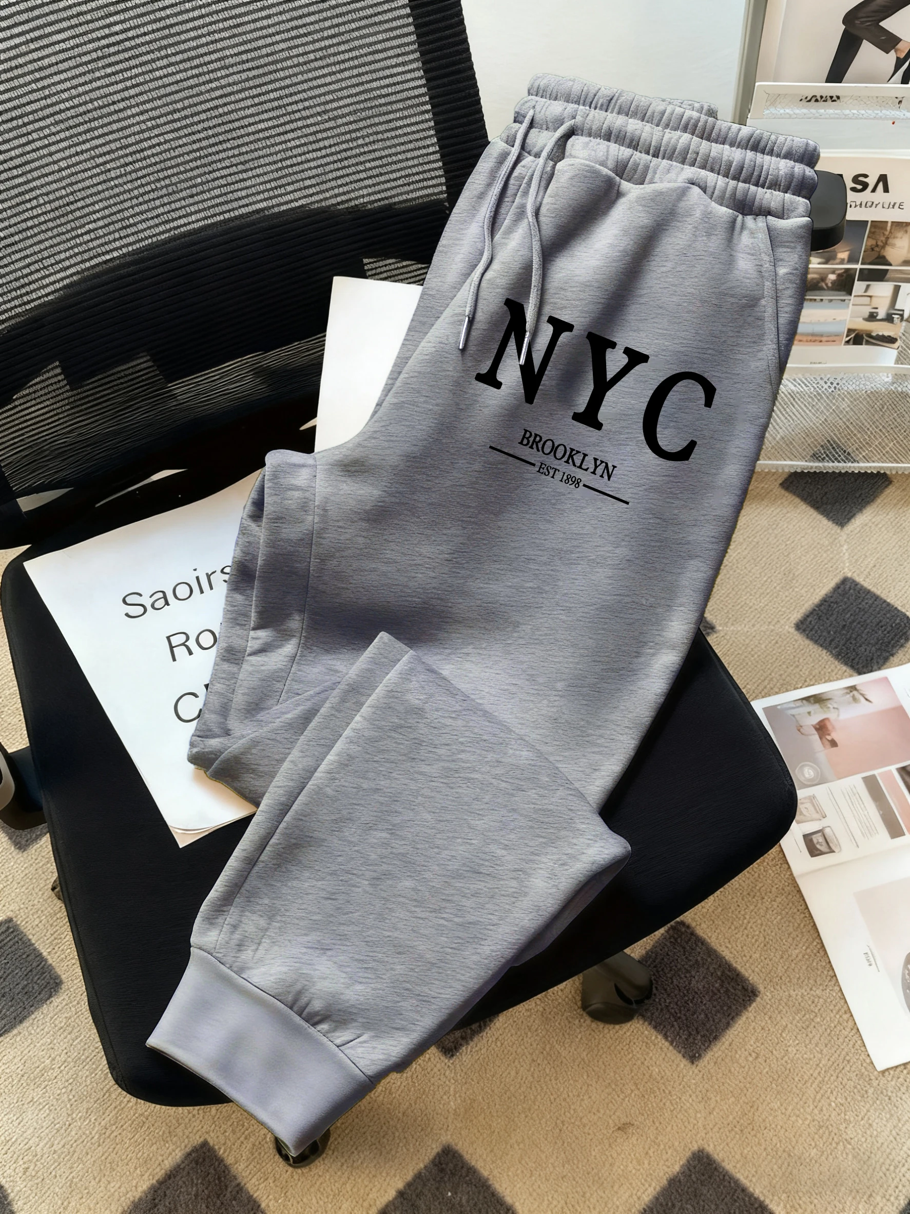 

New York Letter Print Men Basics Pants Warm Drawstring Joggers Pant All-Match Pocket Man Sweatpant Fleece Unisex Retro Trousers