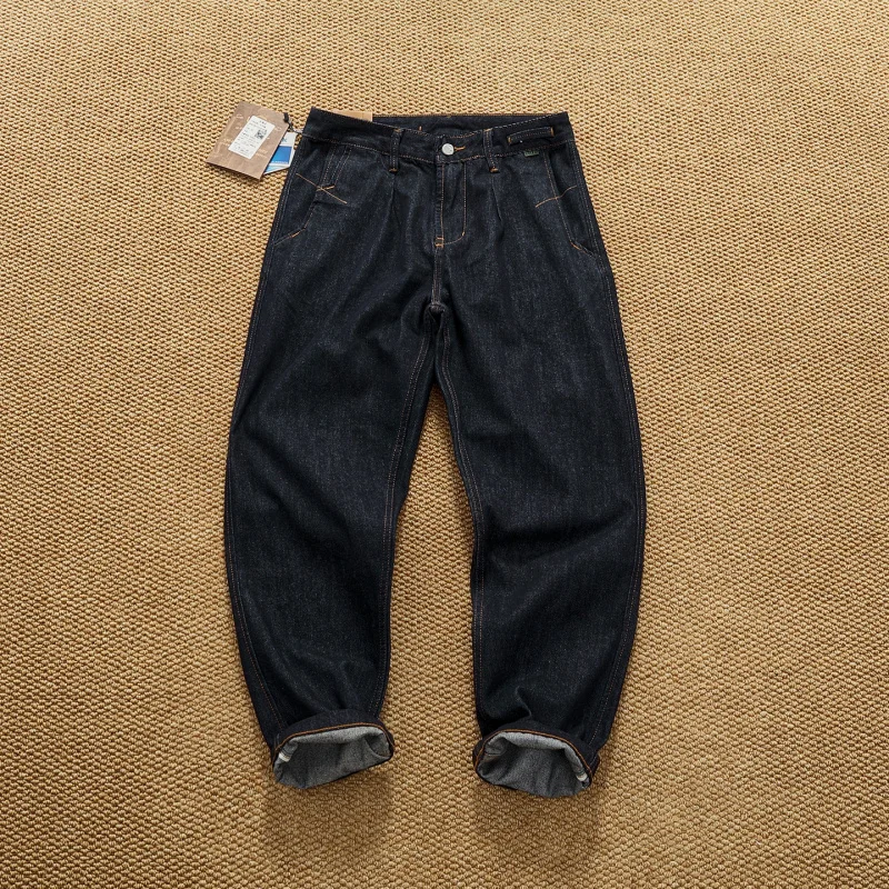 Japanese-style original color blue jeans for men, loose straight fit, slightly tapered, heavy-duty, autumn workwear, fashionable