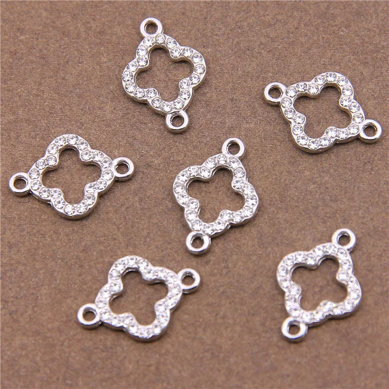 6pcs Filled Plated Rhinestones Double Hanging Four-leaf Clover Pendant Hand Material DIY Bracelet Earrings Connected Accessories