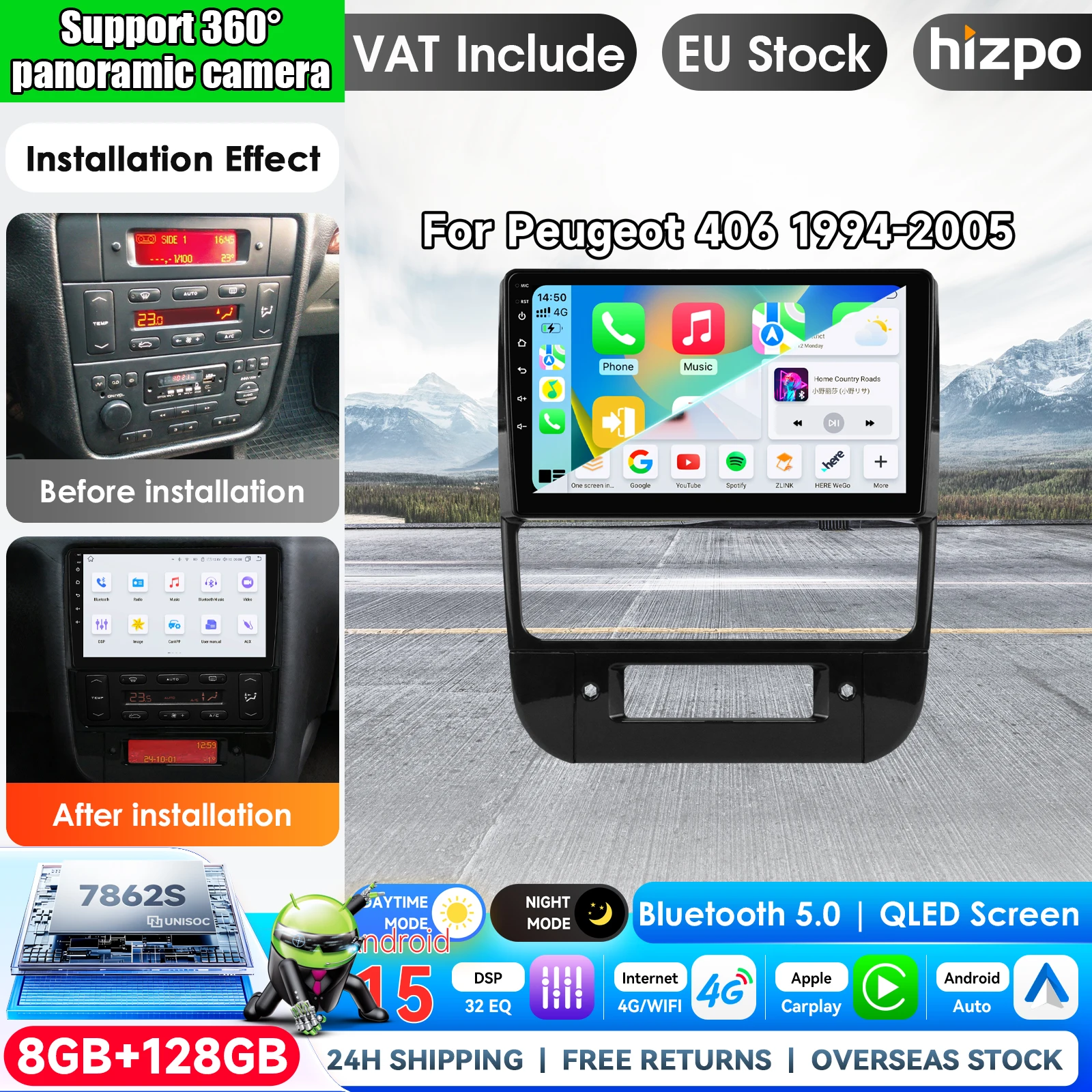 Hizpo Autoradio sans fil CarPlay Android Auto 9 pouces pour Peugeot 406 1994 - 2005 Systèmes intelligents multimédias sans fil Apple CarPlay Écran tactile IPS Lecteur vidéo stéréo 2 Din Autoradio Navigation BT GPS 4G WIFI FM AM DSP RDS SWC 360 Cam