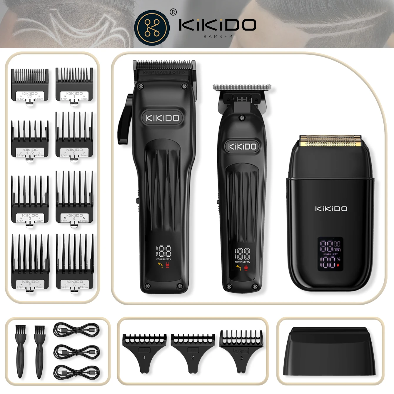 KIKIDO Three-piece Hair Trimming Set Professional Salon Barber Push Razor High Quality Powerful Waterproof 8500 rpm Four-speed