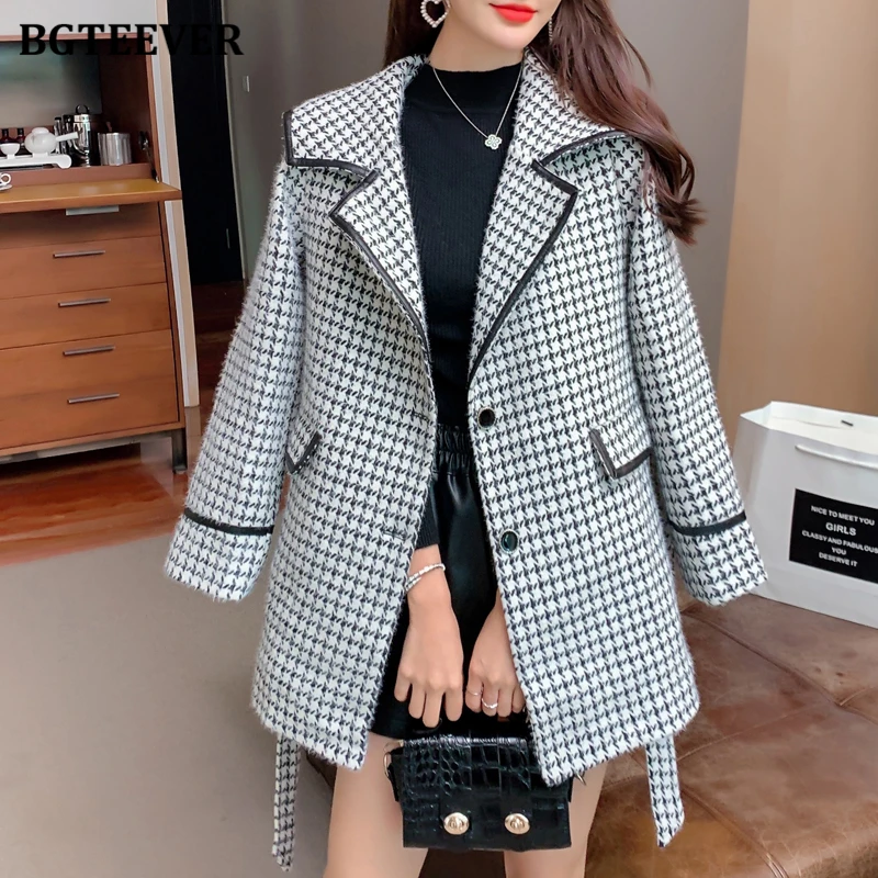 

BGTEEVER Chic Stylish Loose Pockets Women Houndstooth Suit Jackets Autumn Elegant Long Sleeve Female Single-breasted Blazer Tops