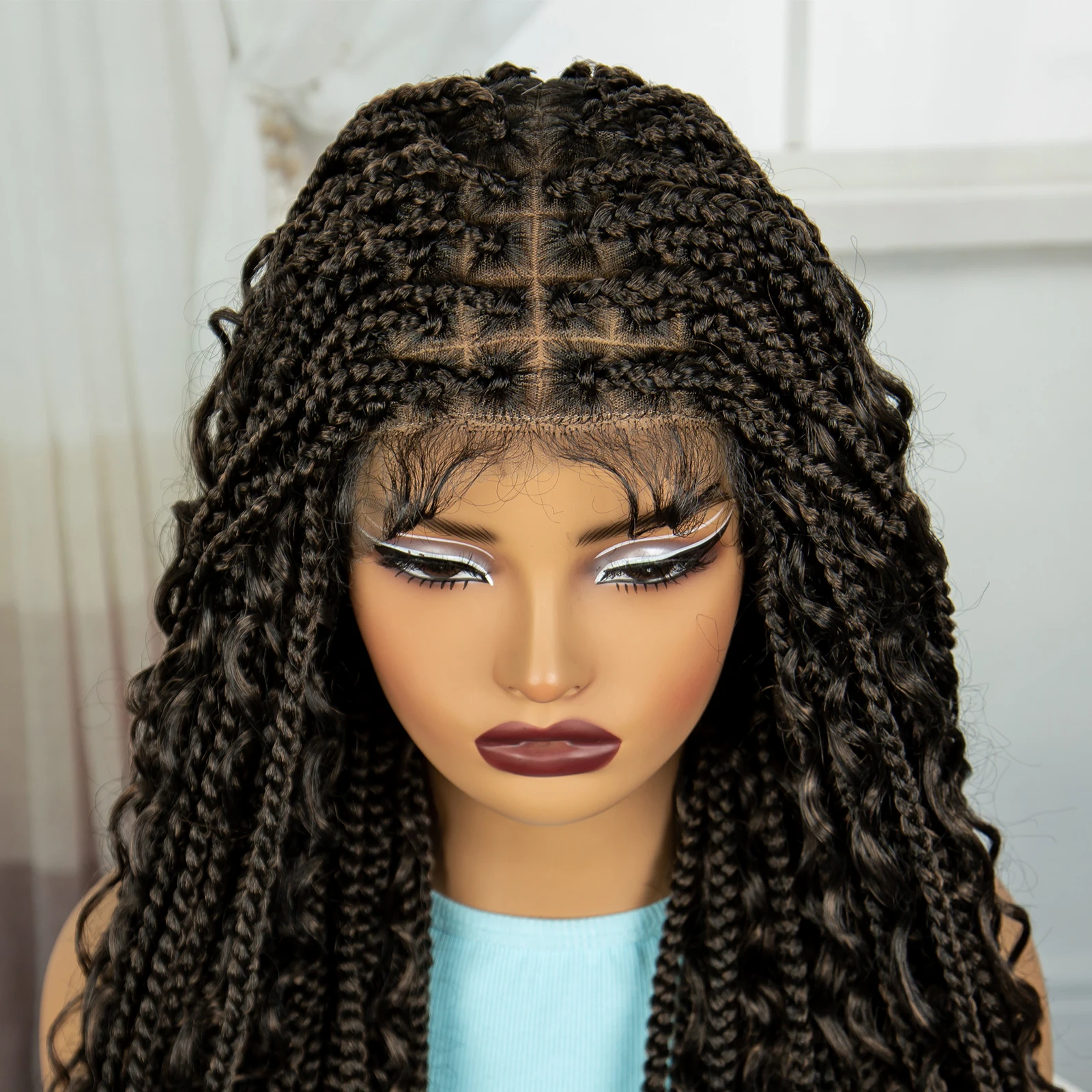 1B-30 Color Knotless Box Braided Wigs Curly Ends Synthetic Full Lace Braided Wigs with Baby Hair for Women Handmade Braided Wig