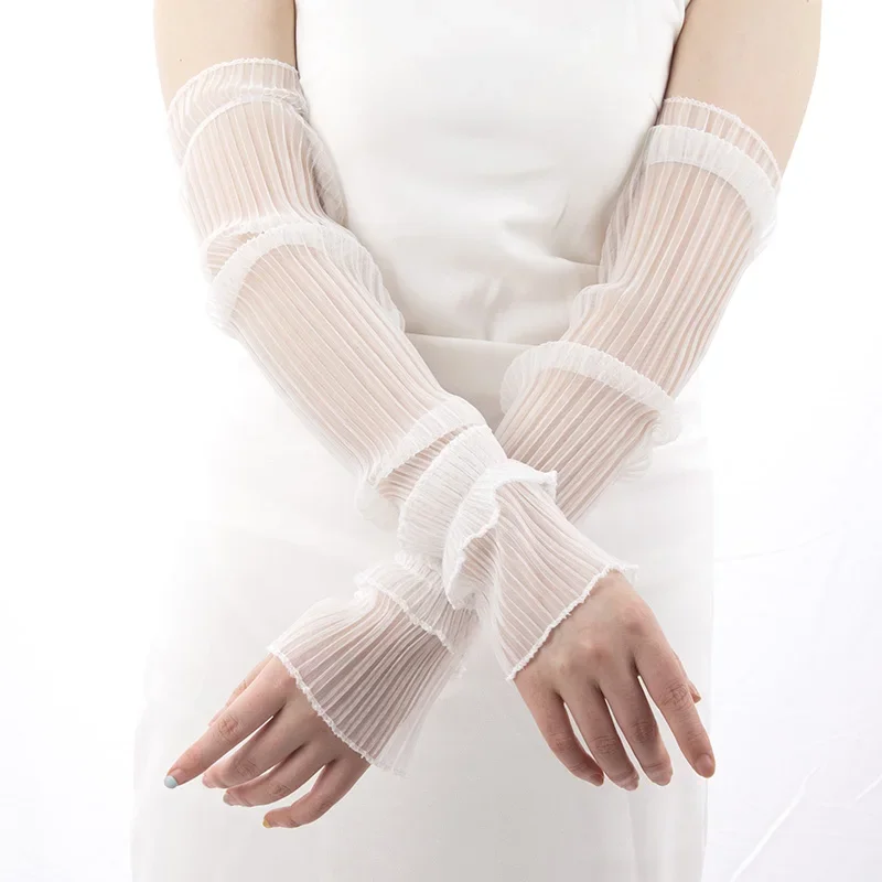 Guantes largos sin dedos de verano para mujer, mangas de protección solar para exteriores, manga fina de malla de encaje para brazo, protección solar, mitones de conducción Uv