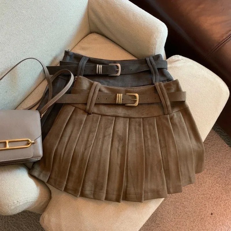 

Retro Suede Fabric Pleated Skirts Solid Color Low Waist Short Skirt Women 2025 Autumn New