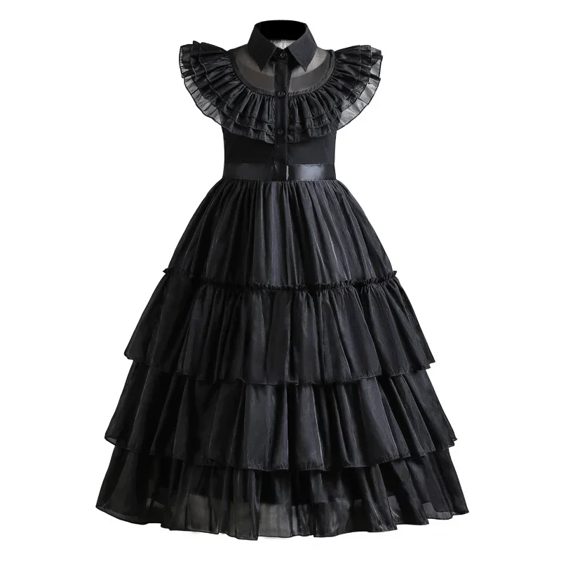 Wednesday Addam Costums for Girls New Birthday Vestidos Gothic Black Mesh Dress Wednesday Cosplay Black Dress for Girls 4-12 Yrs