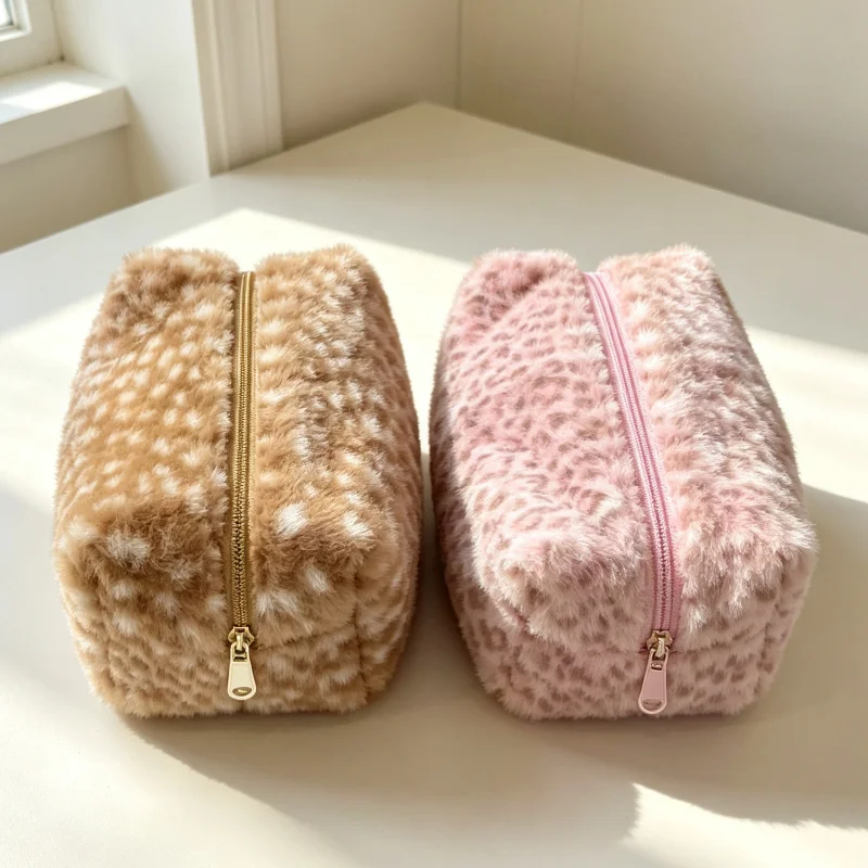 Cute Fluffy Plush Leopard Print Women Makeup Bag Trendy Exquisite Deer Spot Small Storage Bag Zipper Portable Travel Wash Bag