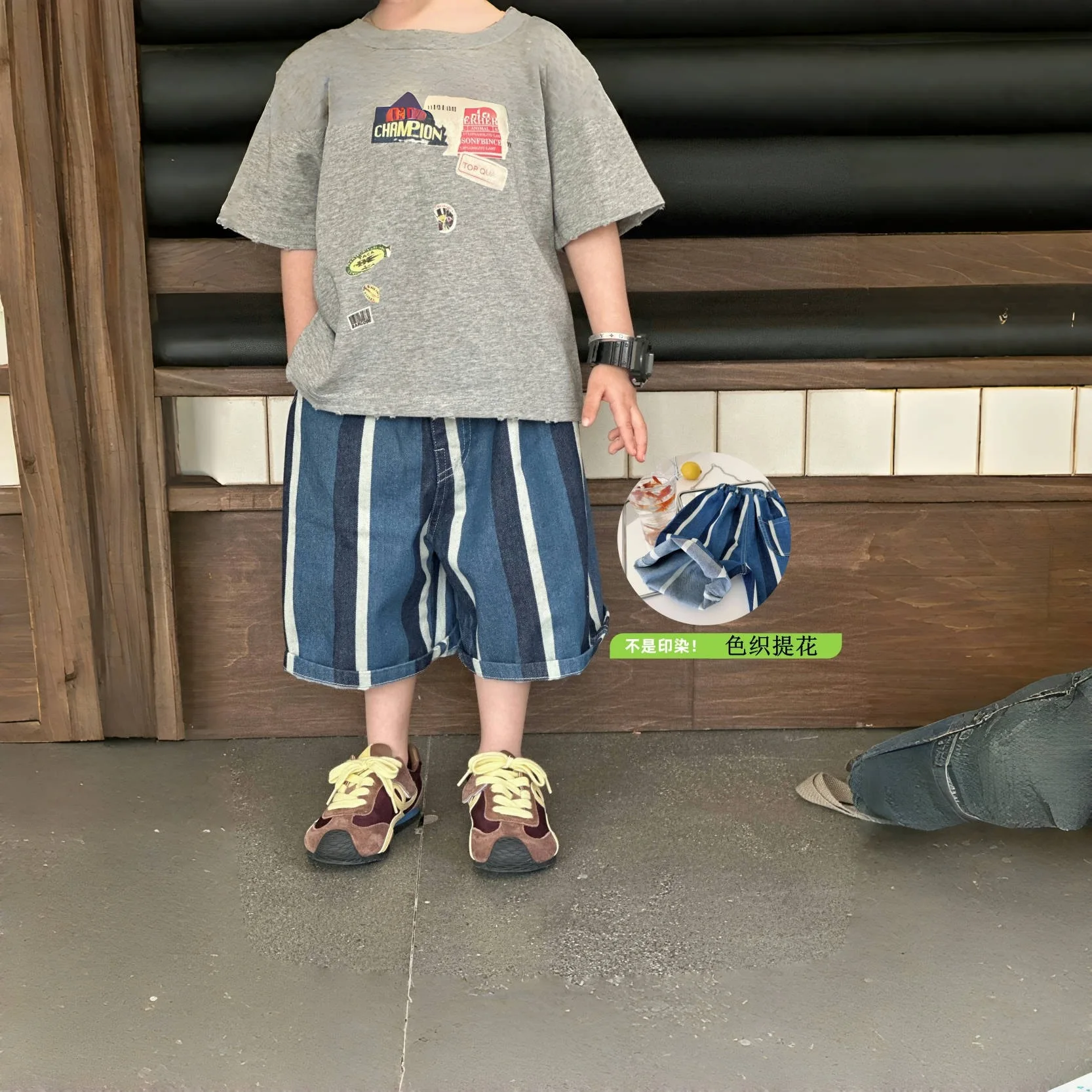 Children's pants 2025 summer new Korean version of children's dyed striped denim pants foreign handsome casual