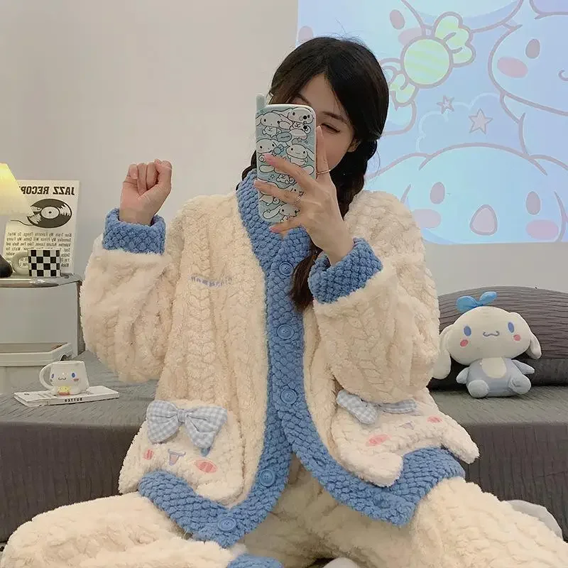 Kawaii Cinnamoroll Pochacco Kuromi Cartoon Plush Pajamas V-Neck Cardigan Thick Warm Loungewear Sanrio Cute Girl Student Homewear