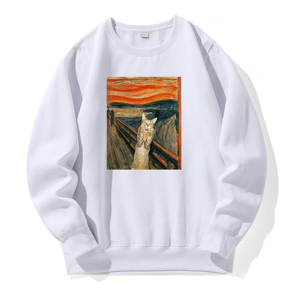 Oil Painting Cat'S Dusk Hooded Men Loose Oversized O-Neck New Hoody Colorful Novelty Streetwear Fleece Casual Fashion Hoodies