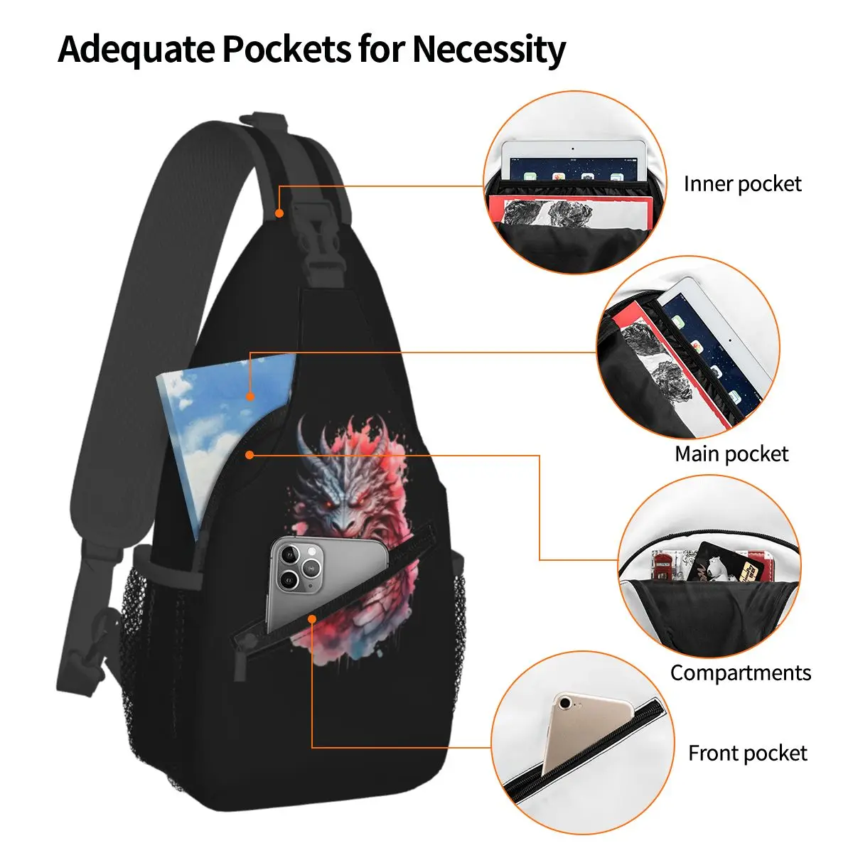 Rth Wing الصينية الأحمر التنين رئيس حقيبة صدر للرجال الرجال الرافعة Crossbody على ظهره حقيبة صدر للرجال السفر المشي لمسافات طويلة Daypack حقيبة كتف