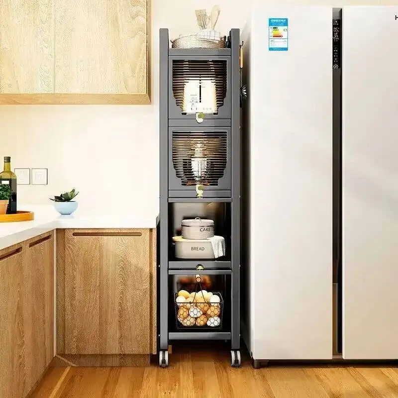Narrow Carbon Furniture Steel Racks Kitchen Floor Cabinets Slot Home Multi-layer Kitchen Tableware Storage Cabinets with Doors m