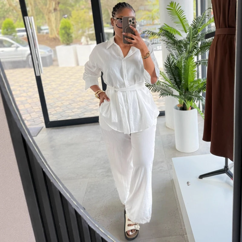 New African Fashion Women Casual Two Piece Set White Lace Up Loose shirt And Pants Set
