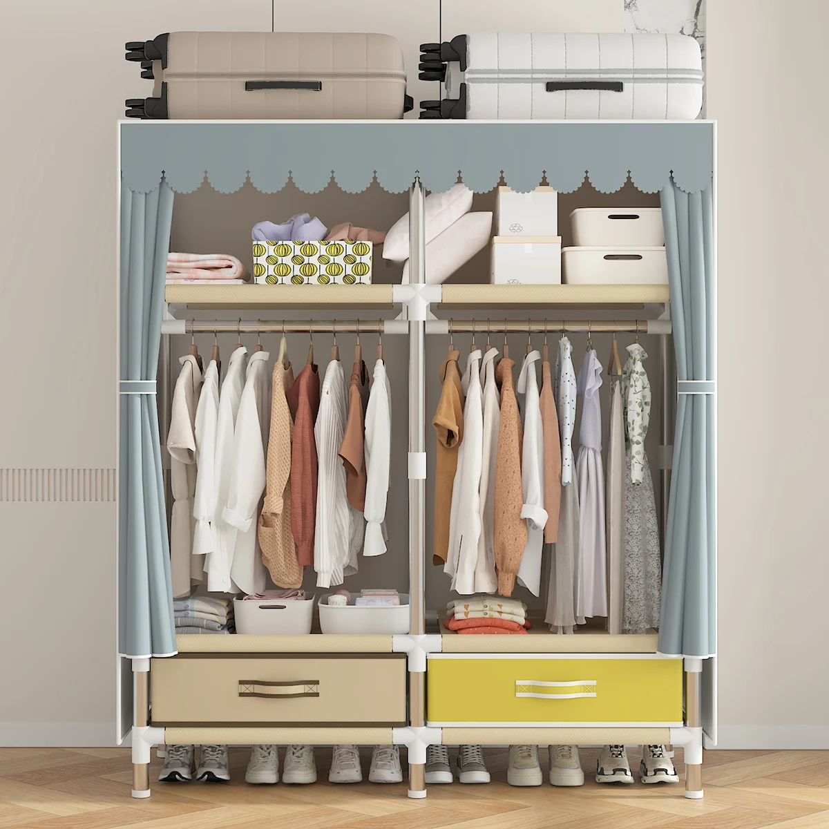 Clothes Storage Wardrobe with Dustproof Cover, Large Storage Closet with Steel Frame, Durable Rack, 1Pc