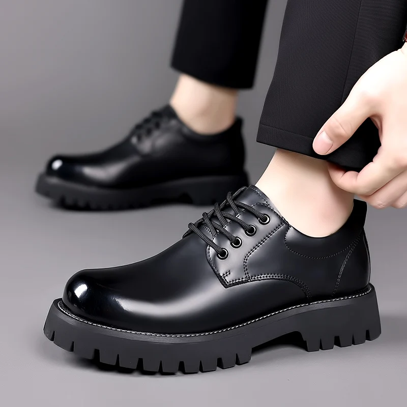 Classic Trends Spring Outdoor Men\'s Leather Shoes Platform Oxfords Male Derby Shoes Casual Mens Lace Up Thick Soled Work Shoes