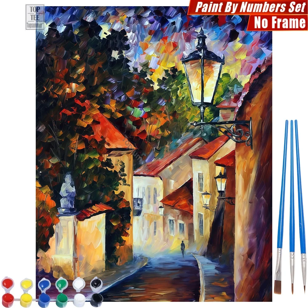 Dusk European Street Paints By Numbers Kit - Street Lights Leaves Home Bedroom Decor Birthday Gift For Son