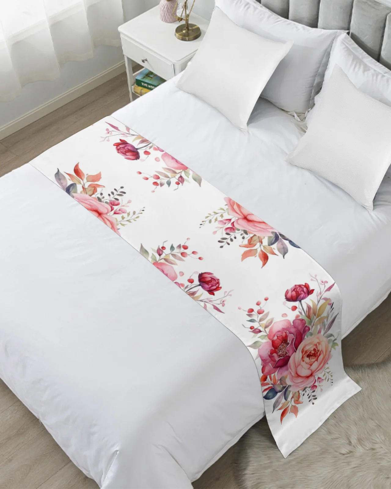 Flower Bud And Leaf Overlay Soft Bed Runner Home Hotel Table Decor Bed Flag Wedding Bedroom Bed Tail Towel