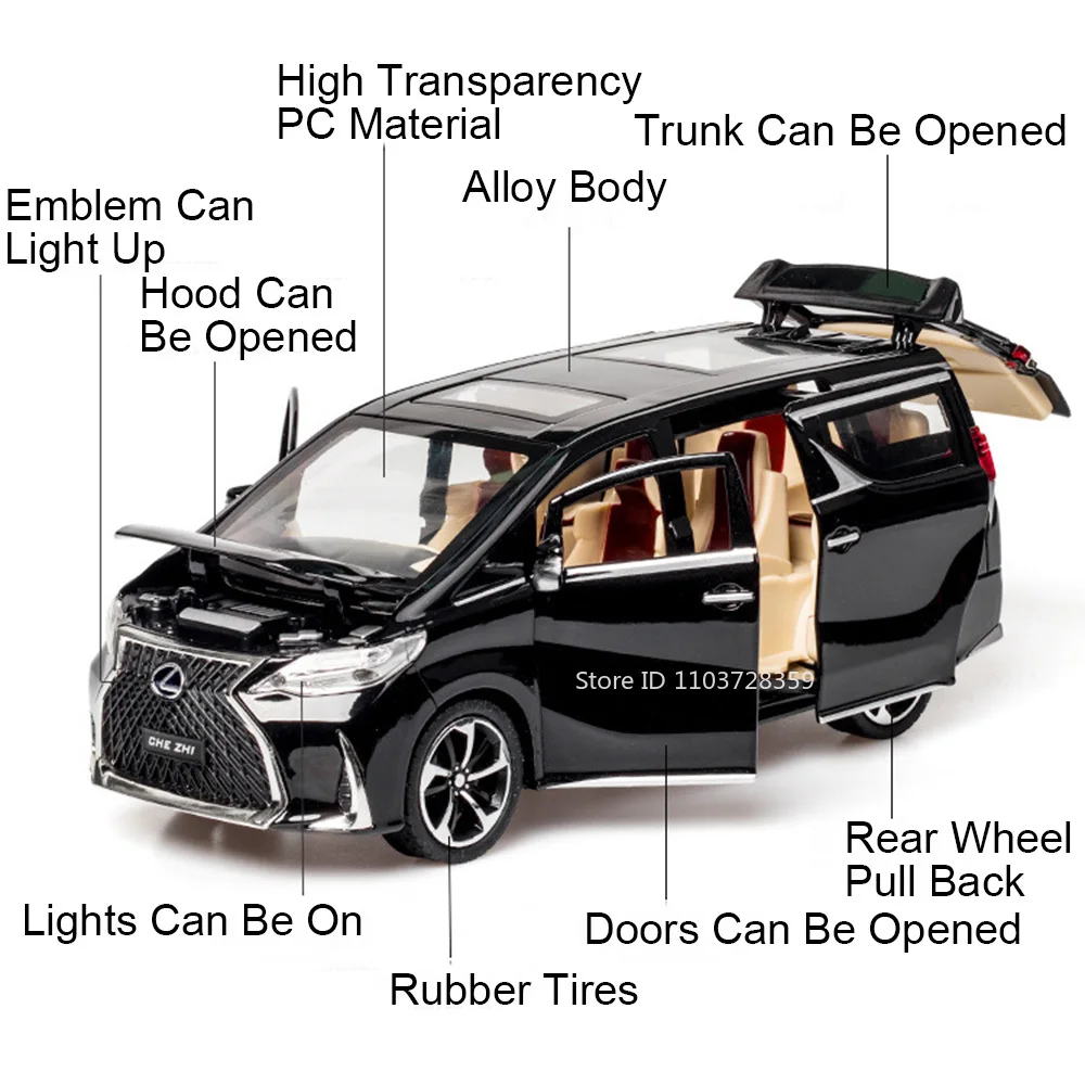 1:24 LM300H LX570 Miniature Toy Car Models Alloy Diecast Sound Light Doors Opened Pull Back Simulation Vehicle Toys Boys Gifts
