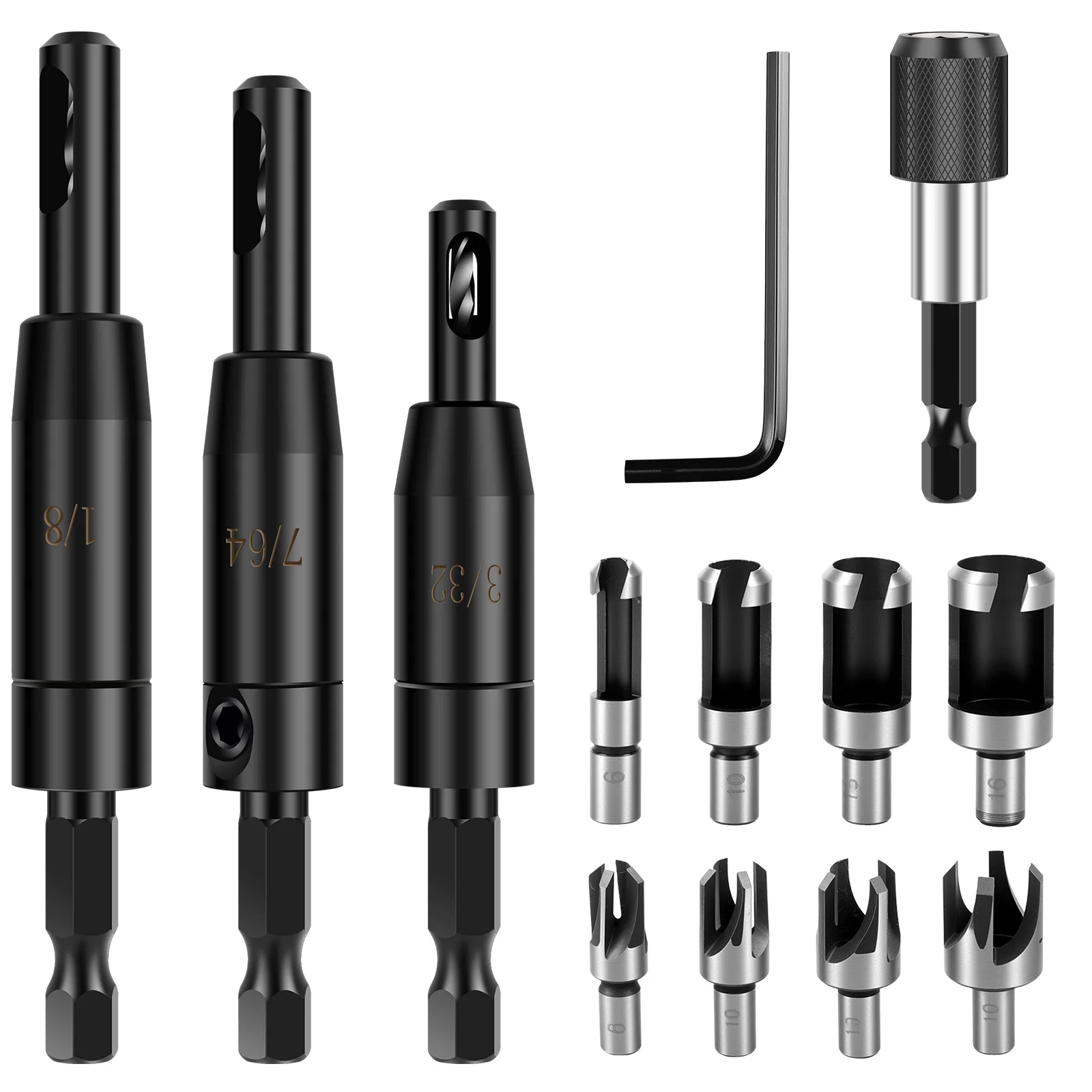 

13PCS Woodworking Countersink Drill Bit 1/4 Inch Hex Shank 5 Flute Wood Plug Cutter Drill Bit Set for Insulation Board PVC Boar